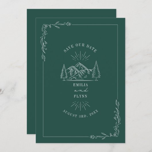 Save The Date Line Art Mountains Mariage Turquoise Enregistrer L (Devant / Derrière)