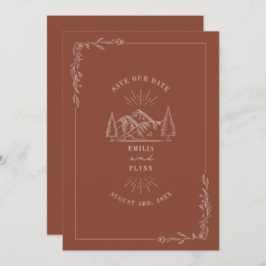 Save The Date Line Art Mountains Terracotta Mariage (Devant / Derrière)