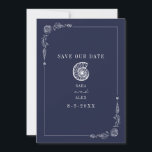 Save The Date Line Art Seashell Dark Blue Rustic Beach Wedding<br><div class="desc">Illustration de coquillages rustiques de coquillages d'escargots de mer avec bordure de coquillages botaniques d'art en ligne. L'Arrière - plan est bleu marine.</div>