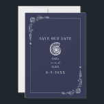 Save The Date Line Art Seashell Dark Blue Rustic Beach Wedding<br><div class="desc">Illustration de coquillages rustiques de coquillages d'escargots de mer avec bordure de coquillages botaniques d'art en ligne. L'Arrière - plan est bleu marine.</div>