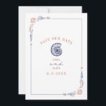 Save The Date Line Art Seashell Red & Blue Rustic Beach Wedding<br><div class="desc">Illustration du coquillage bleu rustique d'escargots de mer avec bordure de coquillages botaniques d'art à ligne rouge et bleue. L'Arrière - plan est blanc.</div>