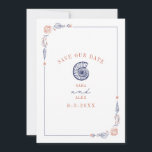 Save The Date Line Art Seashell Red & Blue Rustic Beach Wedding<br><div class="desc">Illustration du coquillage bleu rustique d'escargots de mer avec bordure de coquillages botaniques d'art à ligne rouge et bleue. L'Arrière - plan est blanc.</div>