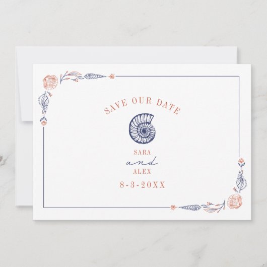 Save The Date Line Art Seashell Red & Blue Rustic Beach Wedding (Devant)