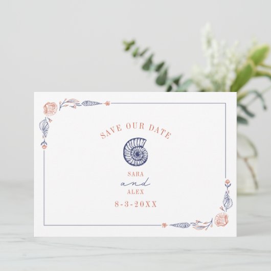 Save The Date Line Art Seashell Red & Blue Rustic Beach Wedding (Debout devant)