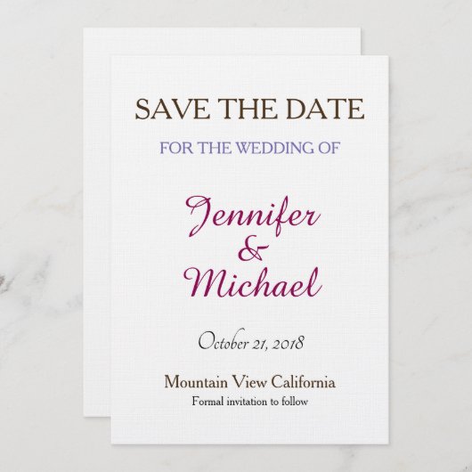 Save The Date Linge Enregistrer la date Mariage écriture classiq (Devant / Derrière)