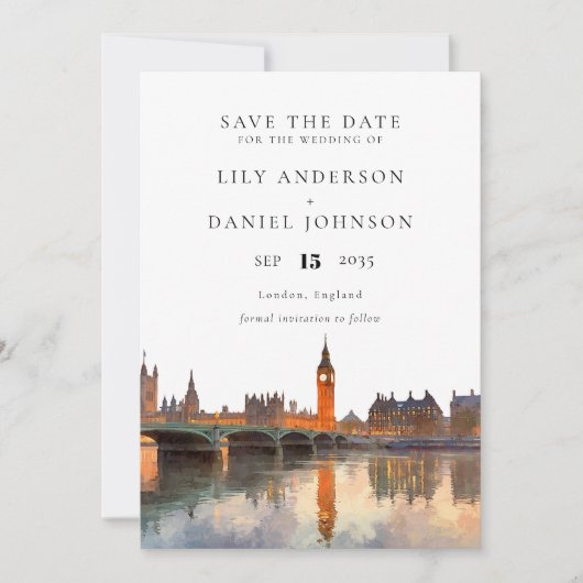 Save The Date London Skyline Watercolor Elegant Wedding (Devant)