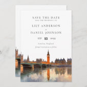 Save The Date London Skyline Watercolor Elegant Wedding (Devant / Derrière)