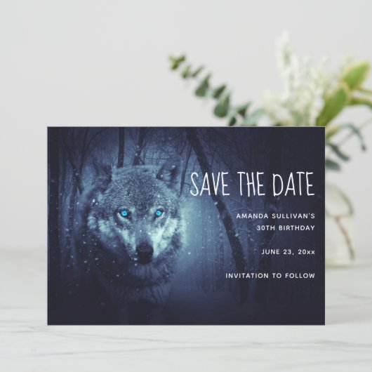 Save The Date Loup sauvage magique aux yeux bleus Extraordinaire (Debout devant)