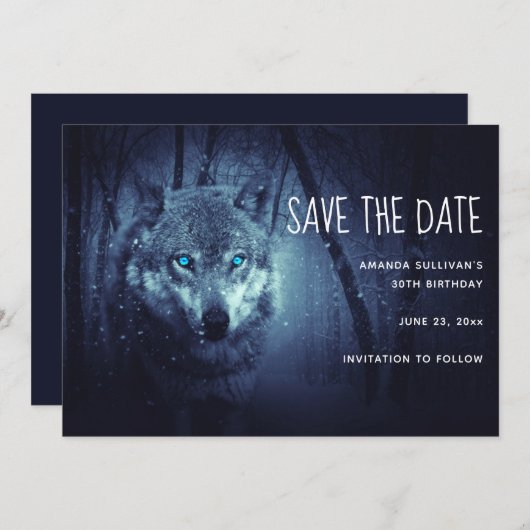 Save The Date Loup sauvage magique aux yeux bleus Extraordinaire (Devant / Derrière)