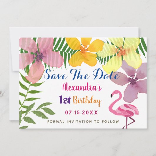 Save The Date Luau Flamant 1er Anniversaire (Devant)