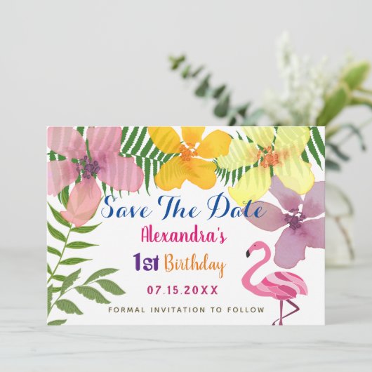 Save The Date Luau Flamant rose 1er anniversaire (Debout devant)