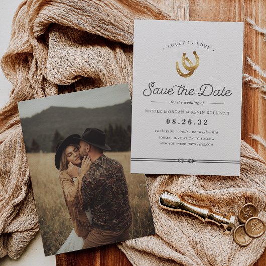 Save The Date Lucky in Love | Rustic Horseshoes Photo