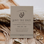 Save The Date Lucky in Love | Rustic Kraft<br><div class="desc">Rustique enregistrer la date de conception imprimée sur papier kraft brun comporte des lettres brun prune foncé avec "chanceux en amour" et une paire de fer à cheval en haut,  accentué avec des détails de corde nouée le long du fond.</div>