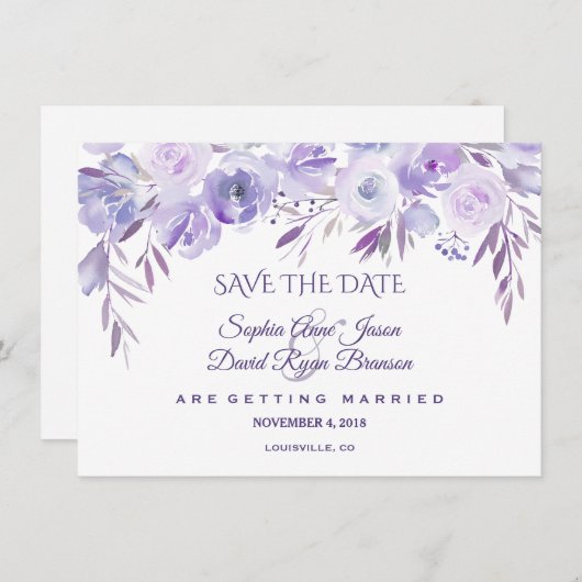 Save The Date Lumière Violet Dusty Bleu Floral Enregistrer La Da (Devant / Derrière)
