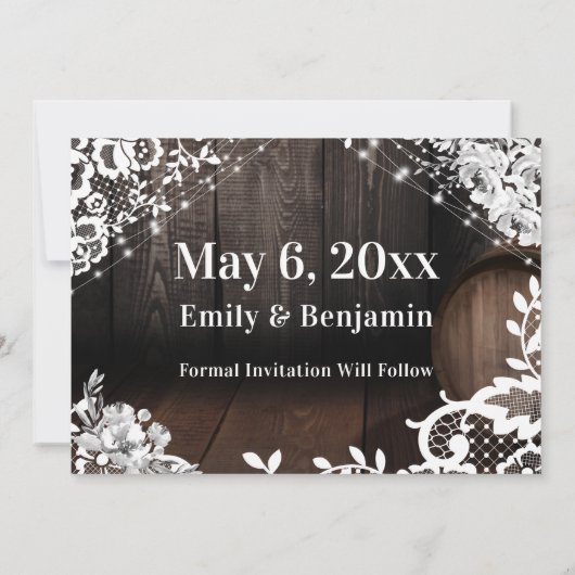 Save The Date Lumières Brown en fût de bois Dentelles et fleurs (Dos)