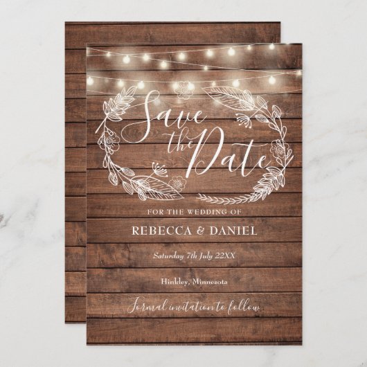 Save The Date Lumières de Chaîne en Bois Rustique Fleurs de Camp (Devant / Derrière)