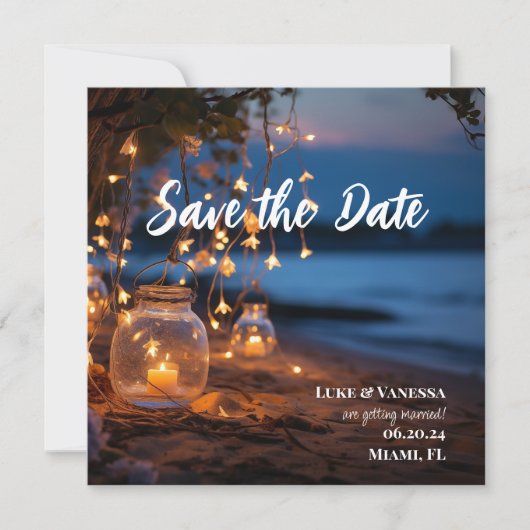 Save The Date Lumières de fées de soirée de plage de destination (Devant)