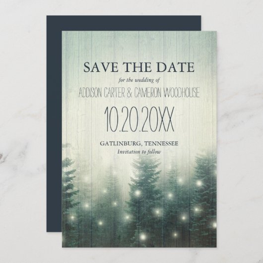 Save The Date Lumières de la forêt | Rustique Enregistrer la dat (Devant / Derrière)