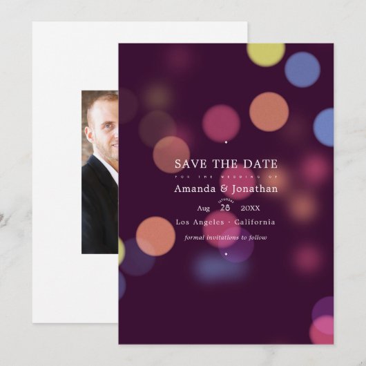 Save The Date Lumières de mariage modernes classiques Bokeh (Devant / Derrière)