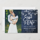 Save The Date Lumières de pot en bois bleu rustique Script photo (Devant)