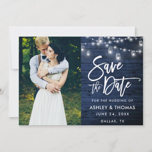 Save The Date Lumières de pot en bois bleu rustique Script photo (Devant)