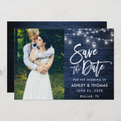 Save The Date Lumières de pot en bois bleu rustique Script photo (Devant / Derrière)