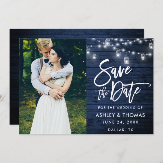 Save The Date Lumières de pot en bois bleu rustique Script photo (Devant / Derrière)
