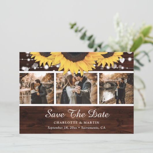 Save The Date Lumières de tournesol en bois rustique Mariage Pho (Debout devant)