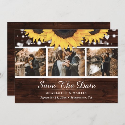 Save The Date Lumières de tournesol en bois rustique Mariage Pho (Devant / Derrière)
