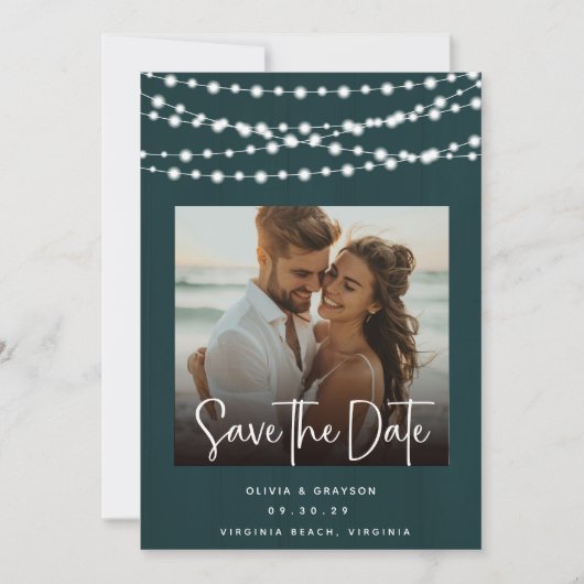 Save The Date Lumières en bois Turquoise rustique 2 Photos Enreg (Devant)