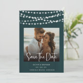 Save The Date Lumières en bois Turquoise rustique 2 Photos Enreg (Debout devant)