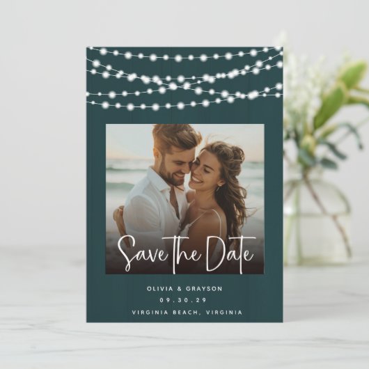 Save The Date Lumières en bois Turquoise rustique 2 Photos Enreg (Debout devant)