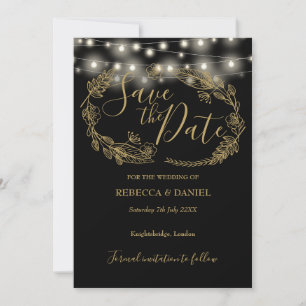 Save The Date Lumières Guirlandes Florales Mariage Noir Et Or