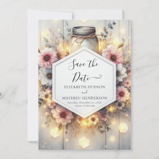 Save The Date Lumières modernes Mason Jar Mariage (Devant)