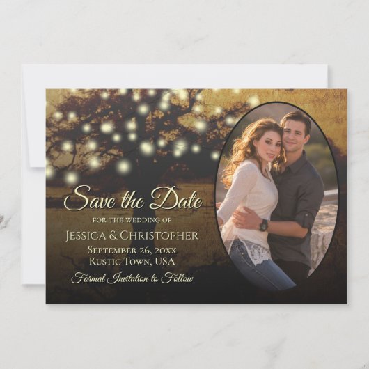 Save The Date Lumières rustiques en Arbre d'Or & Photo Mariage é (Devant)