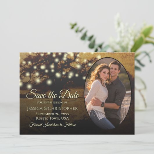 Save The Date Lumières rustiques en Arbre d'Or & Photo Mariage é (Debout devant)