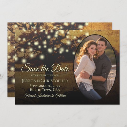 Save The Date Lumières rustiques en Arbre d'Or & Photo Mariage é (Devant / Derrière)