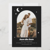 Save The Date Lune céleste et étoiles. Mariage photo noir modern (Devant)