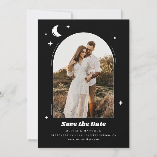 Save The Date Lune céleste et étoiles. Mariage photo noir modern (Devant)