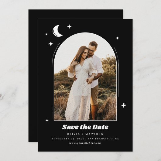 Save The Date Lune céleste et étoiles. Mariage photo noir modern (Devant / Derrière)