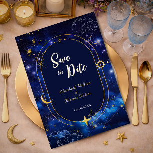 Save The Date Lune d'or bleu mystique astronomie céleste mariage