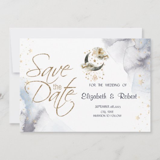 Save The Date Lune étoiles or céleste (Devant)