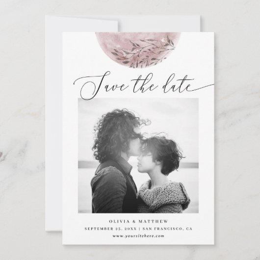 Save The Date Lune rose pâle mystique | Mariage de script élégan (Devant)