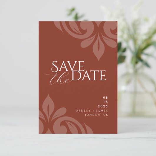 Save The Date Lush Sienna Classic Script Damask Photo Mariage (Debout devant)