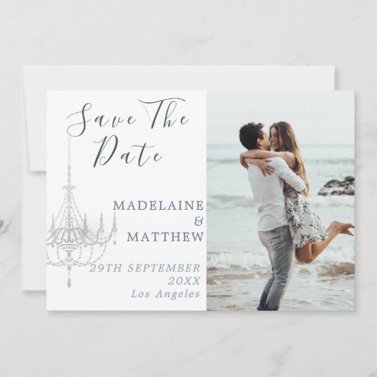 Save The Date Lustre Floral bleu Eucalyptus Mariage élégant (Devant)