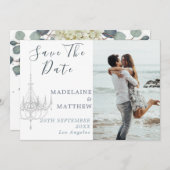 Save The Date Lustre Floral bleu Eucalyptus Mariage élégant (Devant / Derrière)