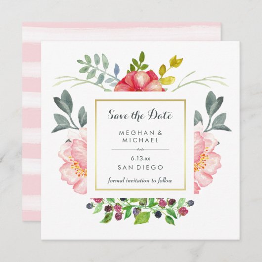 Save The Date Luxe Elegant Peony Flowers with Gold Enregistrer l (Devant / Derrière)