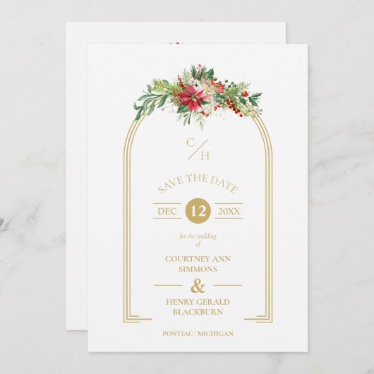 Save The Date Luxe Fancy Initials Arch Floral Photo de Noël (Devant / Derrière)