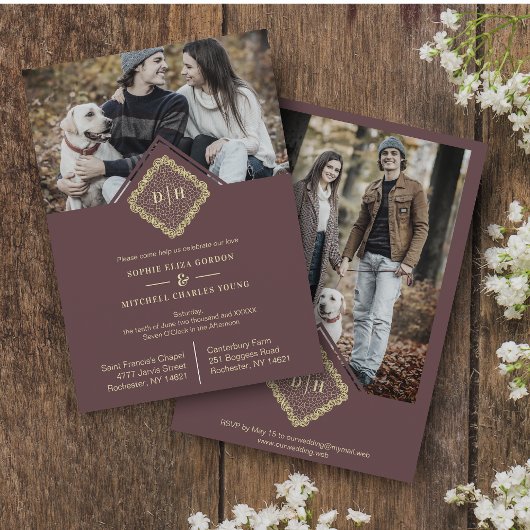 Save The Date Luxe Initiales Mariages Effet dentelle ornementale