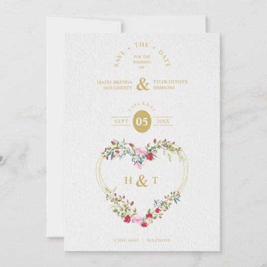 Save The Date Luxe Romantique Floral rose Rouge nuances Coeur (Devant)